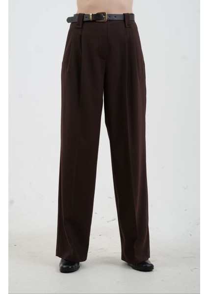 Kahve Kemerli Cep Kapaklı Yüksek Bel Pantolon modelleri