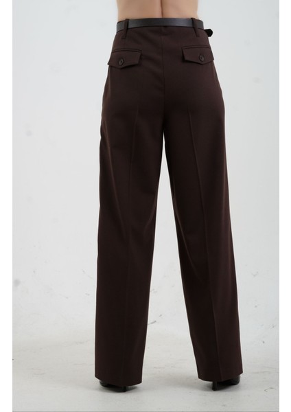 Kahve Kemerli Cep Kapaklı Yüksek Bel Pantolon fırsatları