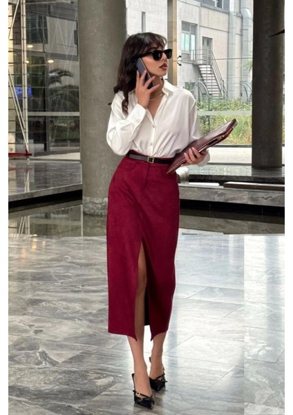 Bordo Süet Önden Yırtmaçlı Midi Deri Etek modelleri