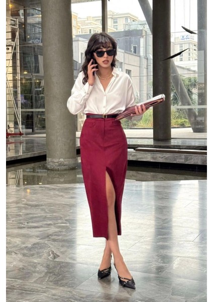 Bordo Süet Önden Yırtmaçlı Midi Deri Etek indirimleri