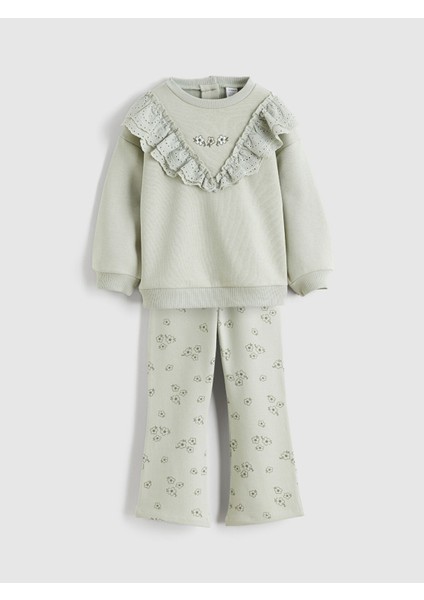 Yeni Sezon Fırfırlı Çiçekli Kız Bebek Sweatshirt ve Tayt