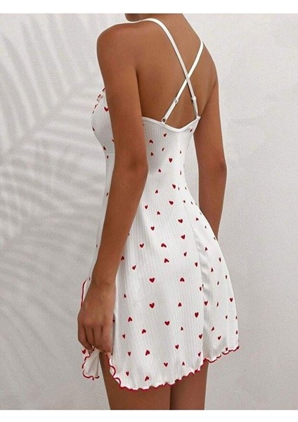 Yzlal Kadın Beyaz Kırmızı Kalp Desenli Askılı Elbise 5066 fiyatları