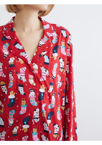 Yeni Sezon Gömlek Yaka Yılbaşı Temalı Kadın Pijama Takımı modelleri