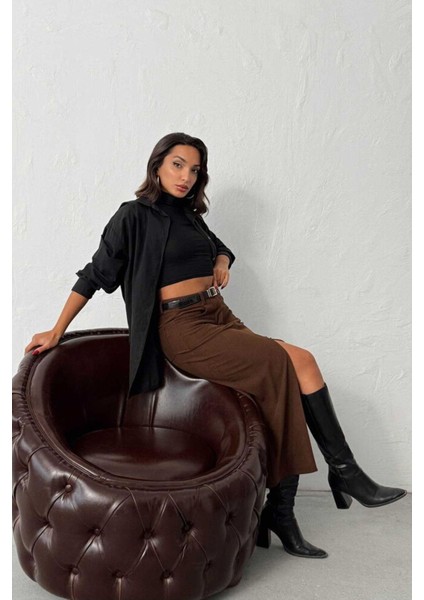 Fitilli Kadife Önden Yırtmaçlı Midi Kadın Etek