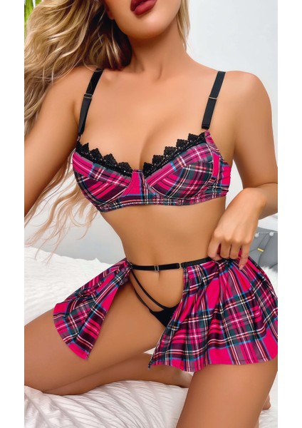 Mulvxbrf BRF02 Fuşya Ekose Etekli Kadın Kostüm 3821 (Mulvix)