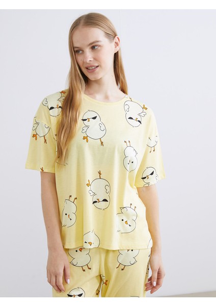 Yeni Sezon Bisiklet Yaka Desenli Kadın Pijama Takımı