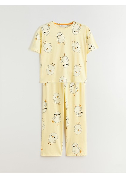 Yeni Sezon Bisiklet Yaka Desenli Kadın Pijama Takımı indirimleri