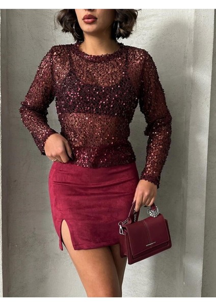 Önden Yırtmaçlı Bordo Süet Mini Kadın Etek