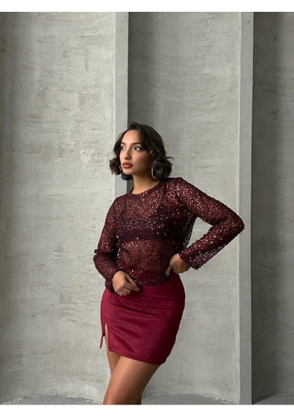 Önden Yırtmaçlı Bordo Süet Mini Kadın Etek fiyatları