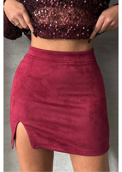 Önden Yırtmaçlı Bordo Süet Mini Kadın Etek modelleri