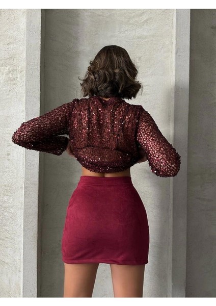 Önden Yırtmaçlı Bordo Süet Mini Kadın Etek indirimleri