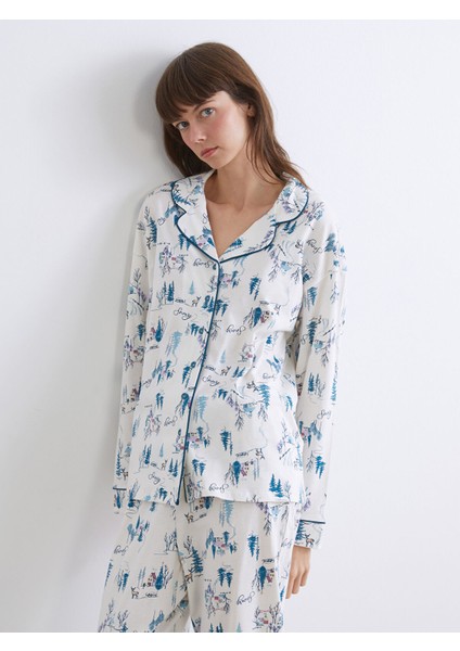 Yeni Sezon Gömlek Yaka Yılbaşı Temalı Kadın Pijama Takımı