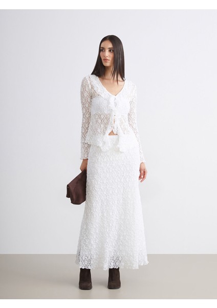 Yeni Sezon Bağlamalı Yaka Ajurlu Dantelli Kadın Hırka