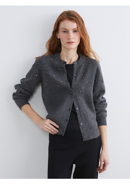 Yeni Sezon Bisiklet Yaka Taşlı Kadın Triko Hırka