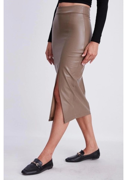 Vizon Suni Deri Önden Yırtmaçlı Midi Etek fiyatları