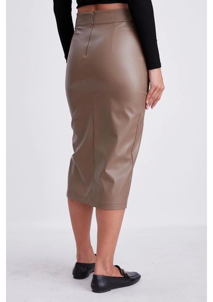 Vizon Suni Deri Önden Yırtmaçlı Midi Etek modelleri