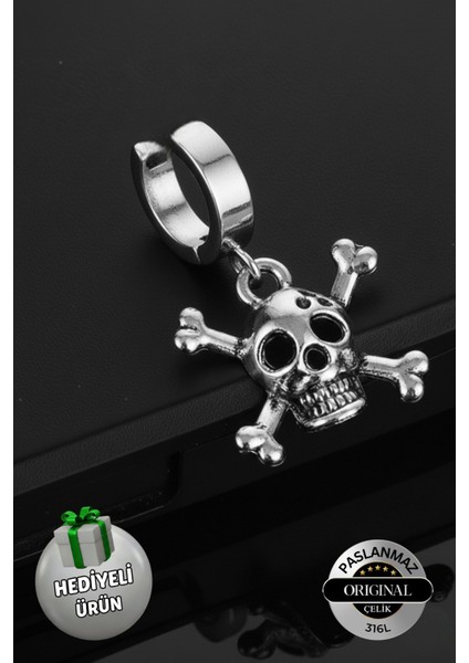 Sıkıştırmalı Mıknatıslı Kuru Kafa Model Sallantılı Erkek 316L Çelik Küpe 1 Adet