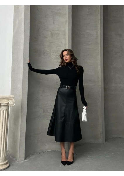 Bir Beden Küçük Alınız - Siyah Suni Deri Kemerli Midi Kadın Etek fiyatları
