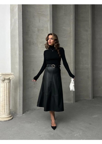 Bir Beden Küçük Alınız - Siyah Suni Deri Kemerli Midi Kadın Etek indirimleri