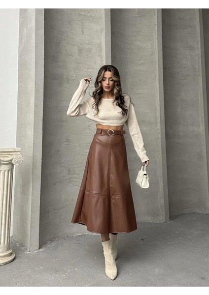 Bir Beden Küçük Alınız - Kahvrengi Suni Deri Midi Etek fiyatları