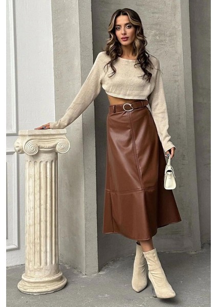 Bir Beden Küçük Alınız - Kahvrengi Suni Deri Midi Etek modelleri