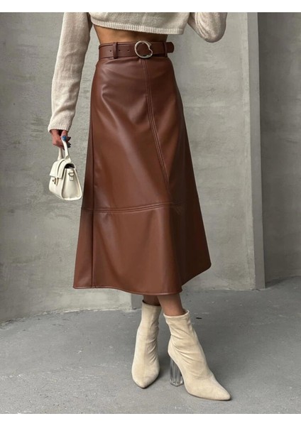 Bir Beden Küçük Alınız - Kahvrengi Suni Deri Midi Etek indirimleri