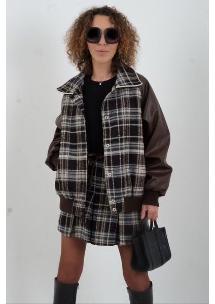 Kahve Deri Garnili Ekose Oversize Bomber Ceket