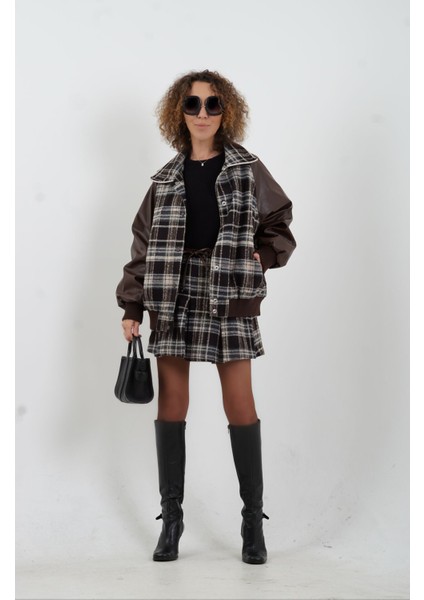 Kahve Deri Garnili Ekose Oversize Bomber Ceket fiyatları