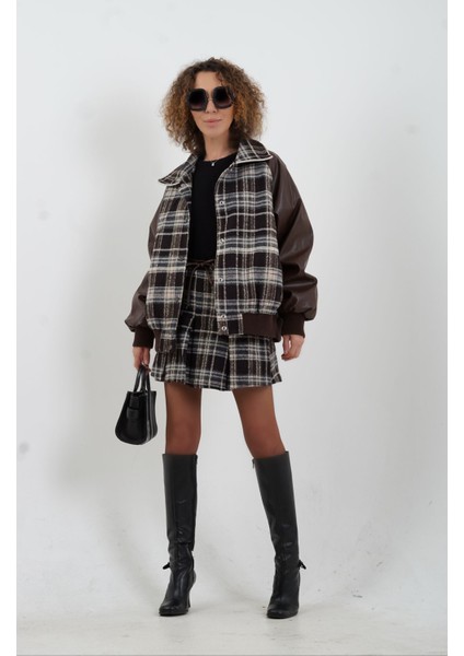 Kahve Deri Garnili Ekose Oversize Bomber Ceket modelleri