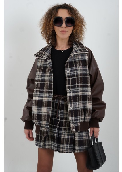 Kahve Deri Garnili Ekose Oversize Bomber Ceket fırsatları