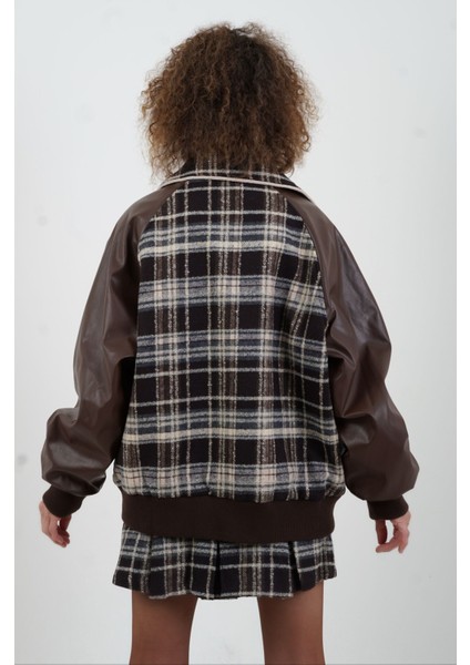 Kahve Deri Garnili Ekose Oversize Bomber Ceket