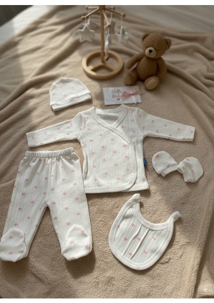Yeni Doğan Kız Bebek Kalp Desenli Fitilli Pamuklu 5'li Hastane Çıkışı Set fiyatları
