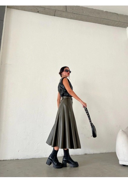 Suni Deri Kemerli Uzun Etek modelleri