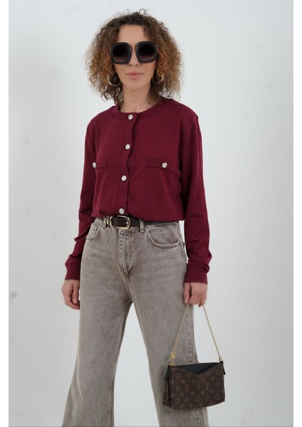 Bordo Flato Cepli Düğmeli Hırka