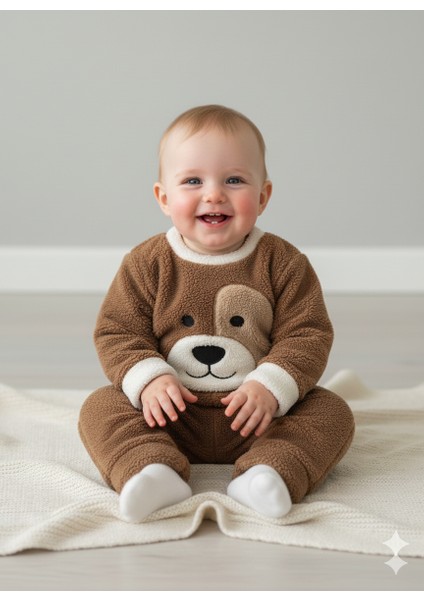 Erkek Bebek Sevimli Köpek Figürlü Peluş Bebek Alt Üst Kışlık Takım Bebek Giyim