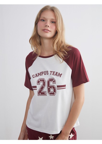 Yeni Sezon Bisiklet Yaka Baskılı Kadın Pijama Üstü