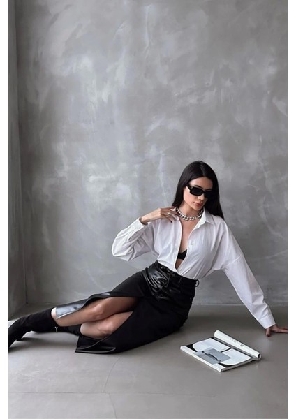 Siyah Suni Deri Önden Yırtmaçlı Deri Etek fiyatları