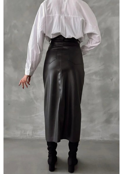 Siyah Suni Deri Önden Yırtmaçlı Deri Etek modelleri