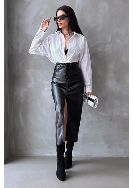 Siyah Suni Deri Önden Yırtmaçlı Deri Etek fırsatları