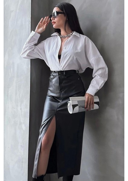 Siyah Suni Deri Önden Yırtmaçlı Deri Etek indirimleri