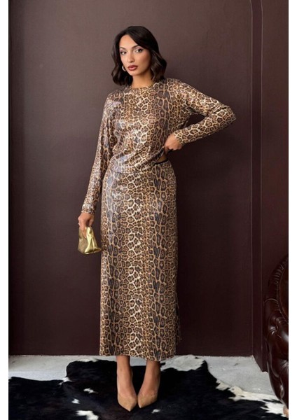 Leopar Desenli Pullu Gece Gündüz Şıklığı Kadın Uzun Etek fiyatları