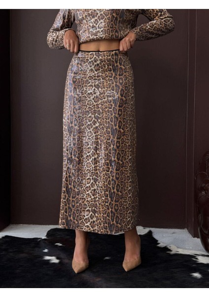 Leopar Desenli Pullu Gece Gündüz Şıklığı Kadın Uzun Etek fırsatları