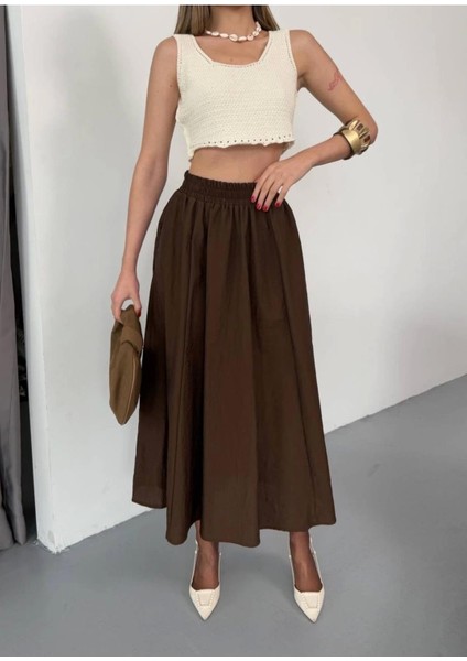 85 cm - Paraşüt Kumaş Kahverengi Etek