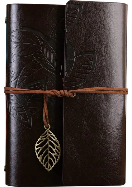 Büyük Yaprak Desenli Deri Defter Koyu Kahverengi
