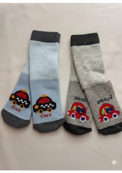 2'li Kaydırmaz Tabanlı Pamuklu Bebek Çorabı Seti Araba Desenli Bebek Giyim Havlu Kalın Çocuk Çorap