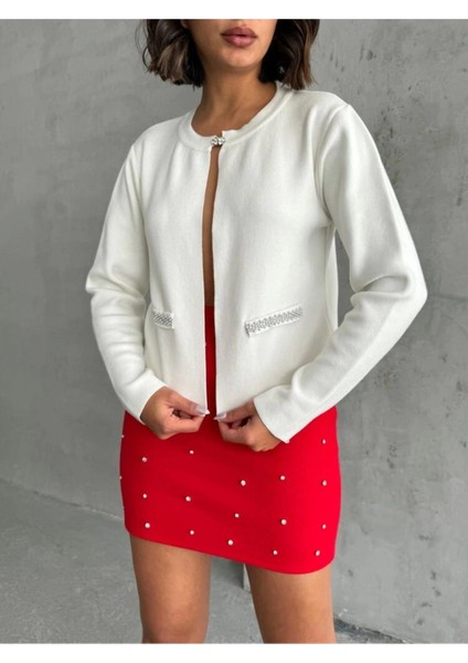 Kırmızı Kaşe Taşlı Mini Etek