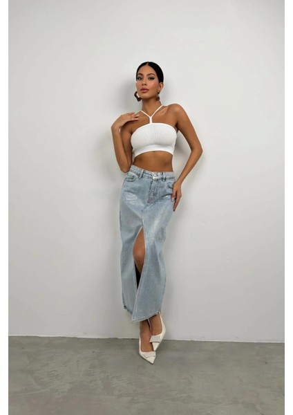 %100 Pamuk Varak Baskılı Yırtmaçlı Mavi Maxi Kot Etek