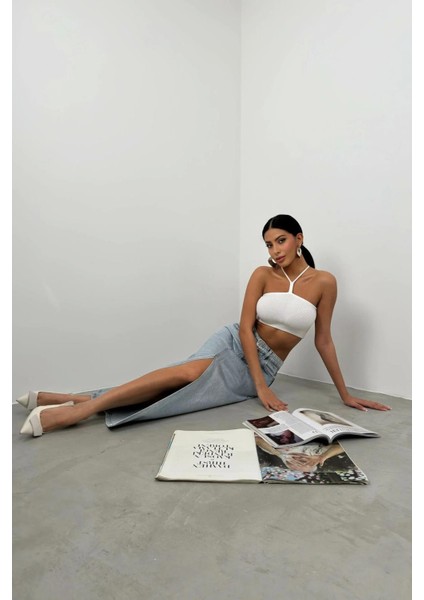 %100 Pamuk Varak Baskılı Yırtmaçlı Mavi Maxi Kot Etek fiyatları