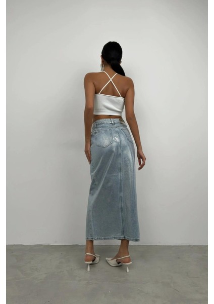 %100 Pamuk Varak Baskılı Yırtmaçlı Mavi Maxi Kot Etek modelleri