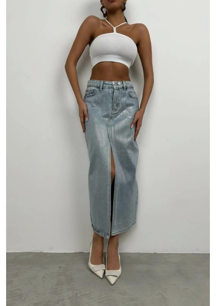 %100 Pamuk Varak Baskılı Yırtmaçlı Mavi Maxi Kot Etek fırsatları
